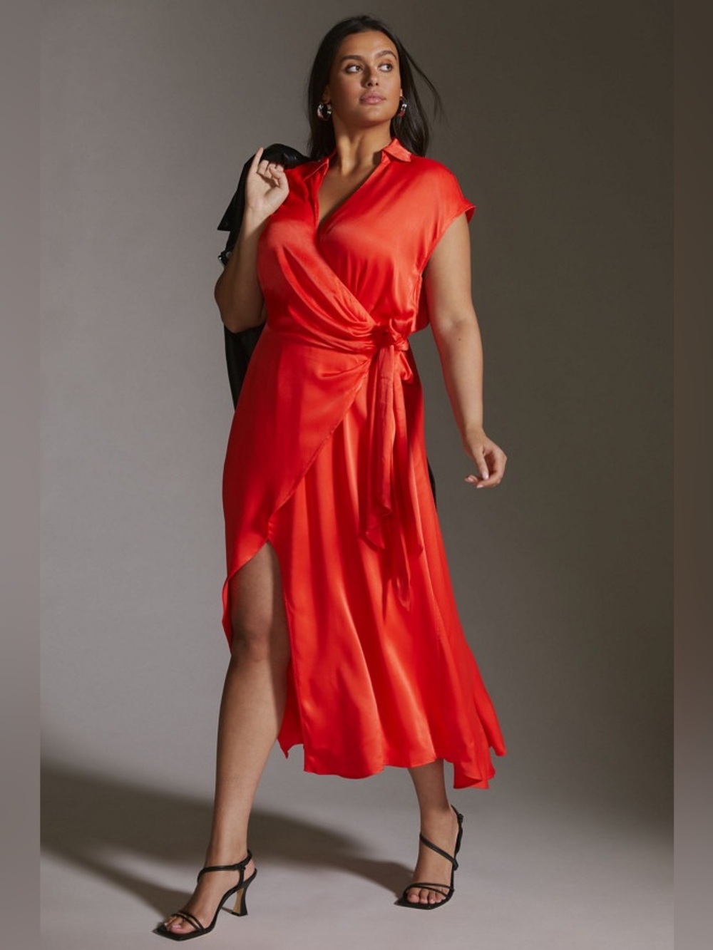 Maeve by Anthropologie Open Back Viscose Wrap Midi Dress in Hot Orange